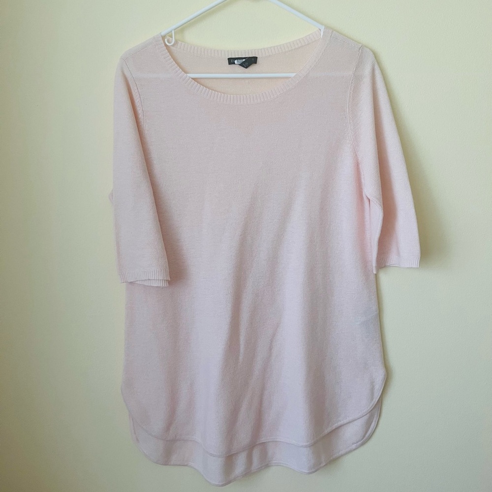Eileen Fisher Cotton Silk Tencel Pullover Sweater Half Sleeve Hi Low Knit Tunic